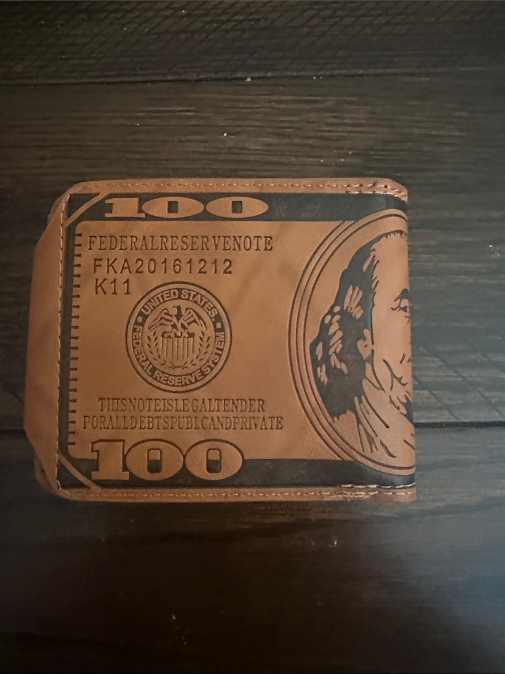 Brown Leather Money Clip Wallet with $100 Design